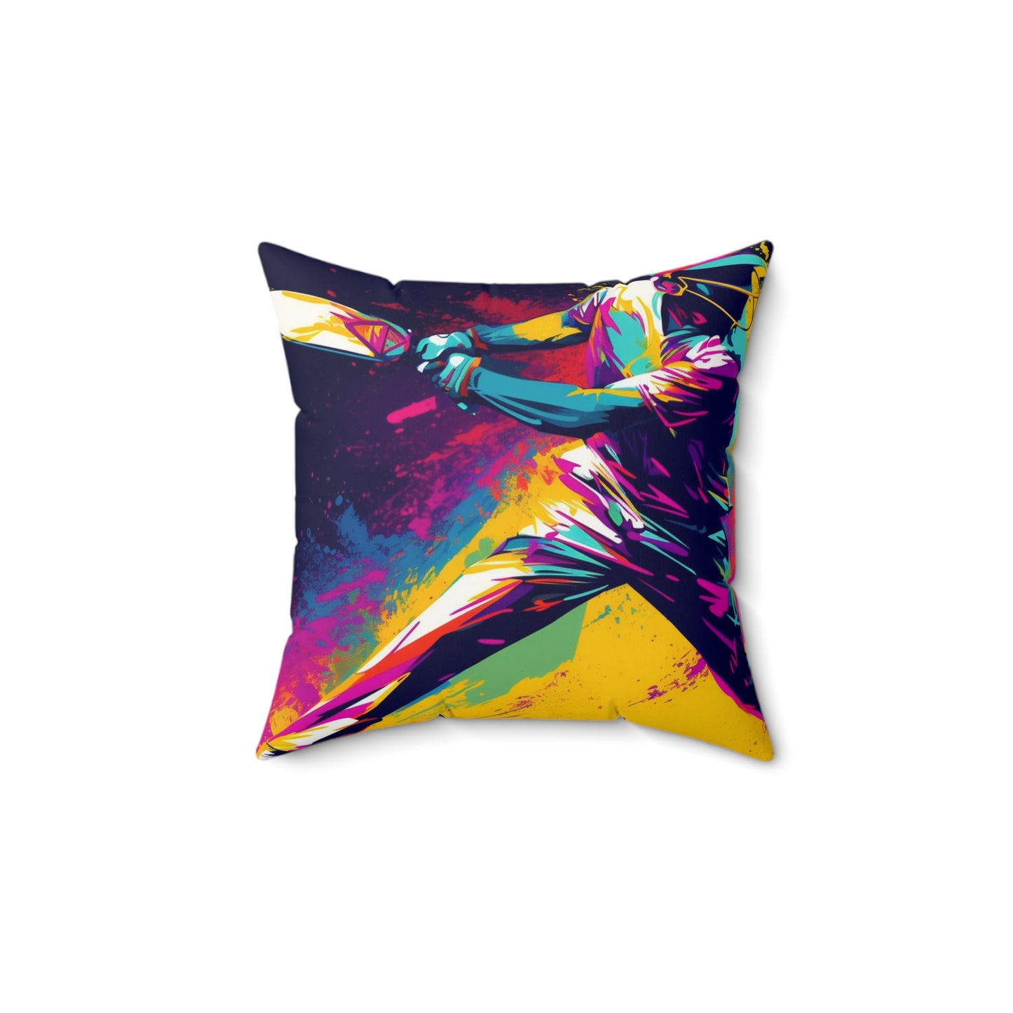 Cricket Pop Art: Batsman, Ball Impact, Wicket Stand Sport Game - Spun Polyester Square Pillow