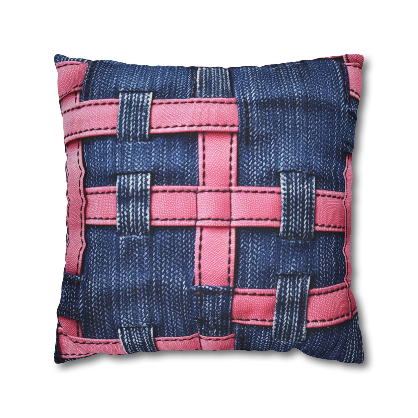 Candy-Striped Crossover: Pink Denim Ribbons Dancing on Blue Stage - Spun Polyester Square Pillow Case