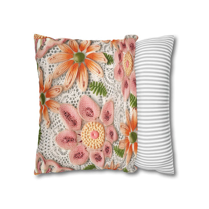 Floral Embroidered Eyelet: Delicate Flower Elegant Pattern - Spun Polyester Square Pillow Case