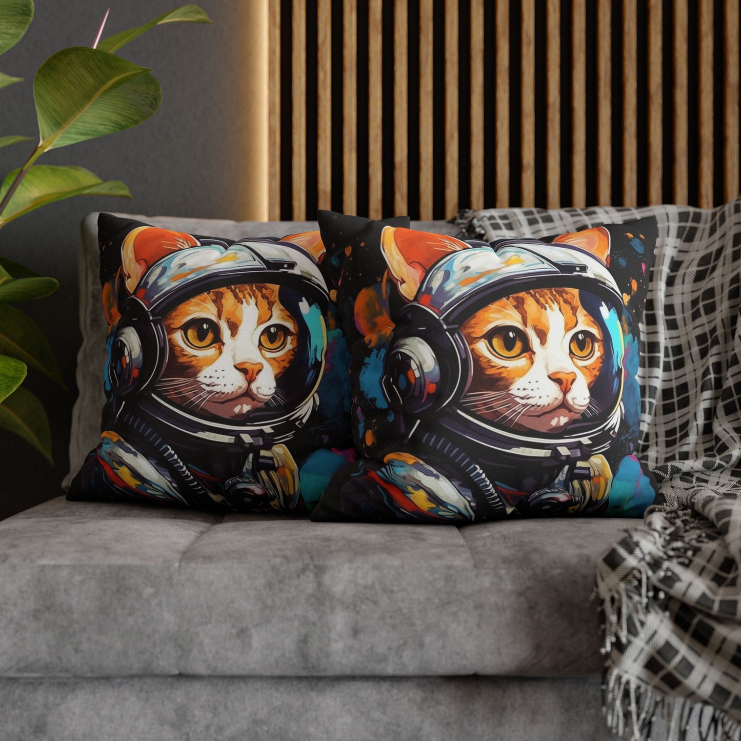 Astro Cat Adventure Feline - Pop Art, Floating in Cosmic Space - Spun Polyester Square Pillow Case