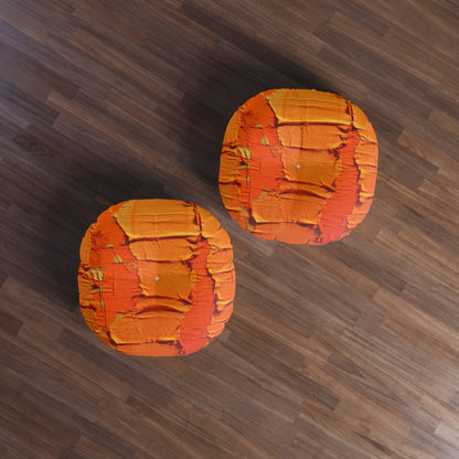 Fiery Citrus Orange: Edgy Distressed, Denim-Inspired Fabric - Tufted Floor Pillow, Round