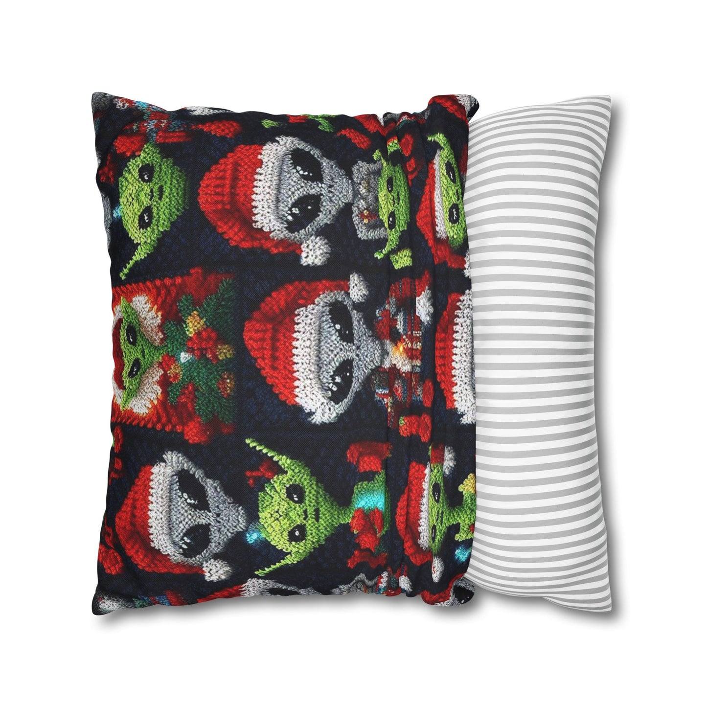 Festive Alien Invasion: Intergalactic Christmas Holiday Cheer with Santa Hats and Seasonal Gifts Crochet Pattern - Spun Polyester Square Pillow Case