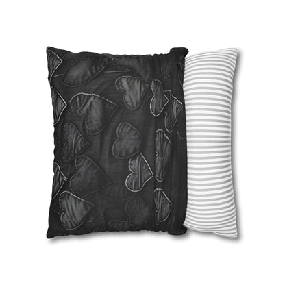 Black: Distressed Denim-Inspired Fabric Heart Embroidery Design - Spun Polyester Square Pillow Case