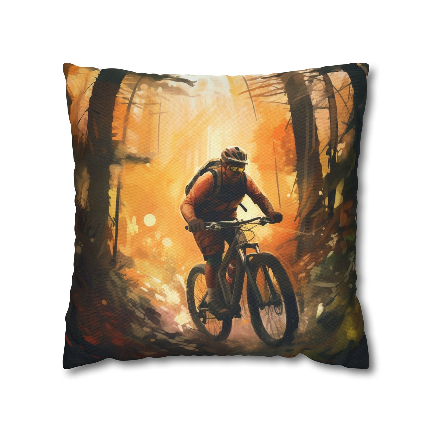 Mountain Bike Adventure - Forest Trail Graphic Spun Polyester Square Pillow Case