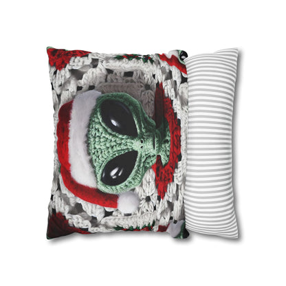 Santa's Cosmic Secret: Jolly Green Christmas Extraterrestrial with Festive Attire Crochet Art - Spun Polyester Square Pillow Case