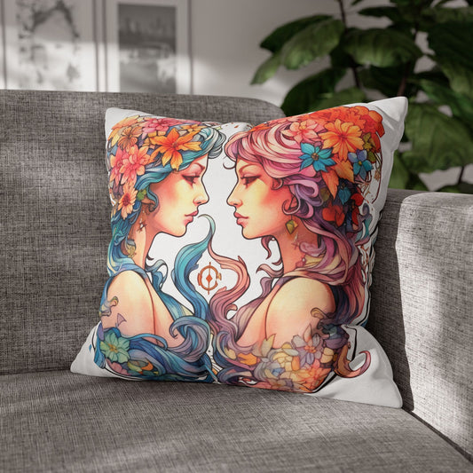 Zodiac Gemini Clipart - Twins Symbol, Whimsical Comic Style - Spun Polyester Square Pillow Case