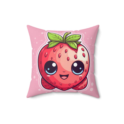 Kawaii Strawberry Adventure - Anime Classic Traditional Japanese Fruit - Otaku Artwork - Spun Polyester Square Pillow