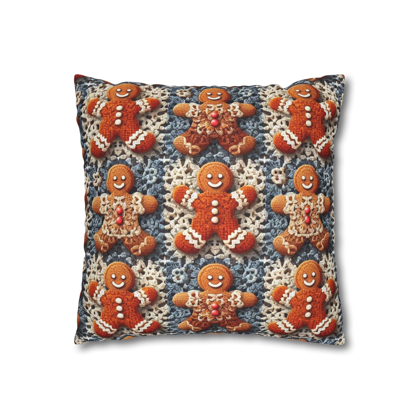 Gingerbread Joy: Whimsical Crocheted Gingerbread Men Pattern with Festive Christmas Accents - Spun Polyester Square Pillow Case