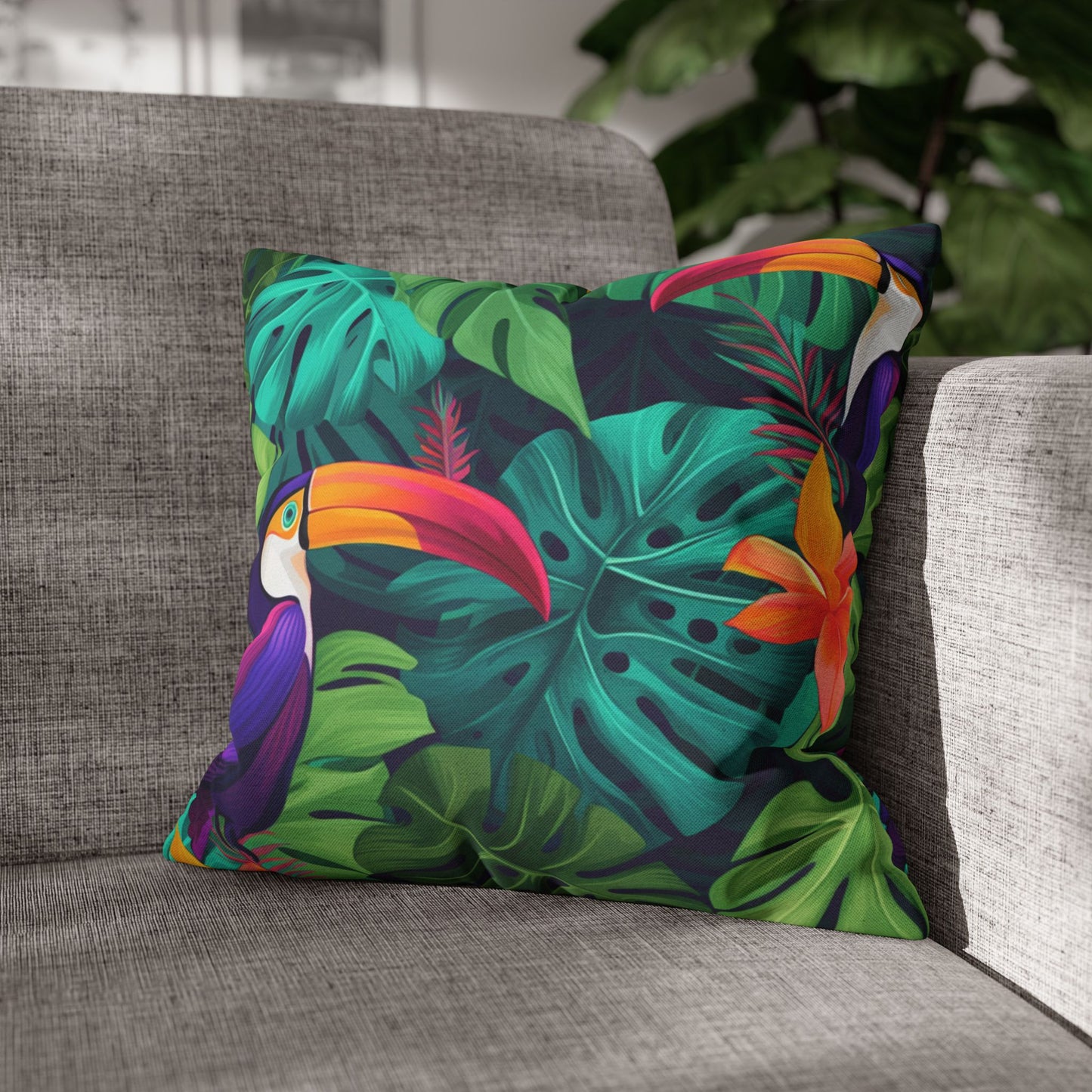 Vivid Tropical Birds & Leaves - Seamless Pattern Spun Polyester Square Pillow Case