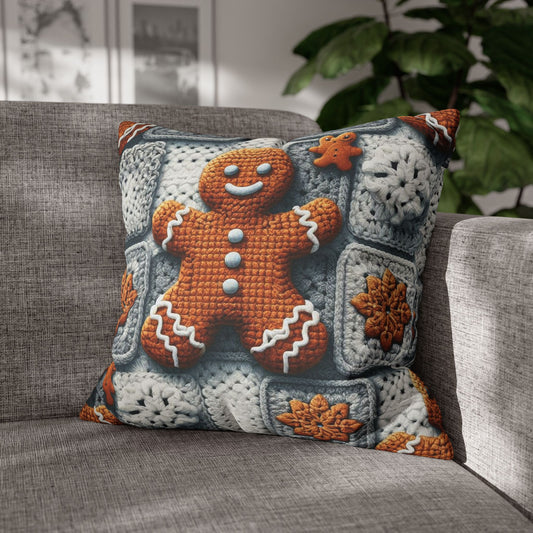 Festive Gingerbread Charm: Christmas Crochet Amigurumi with Granny Squares and Snowflake Accents - Spun Polyester Square Pillow Case