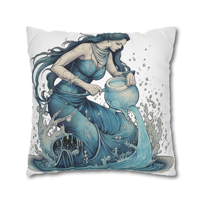 Aquarius Zodiac Symbol - Girl Pouring Water, Hand-Drawn Style - Spun Polyester Square Pillow Case