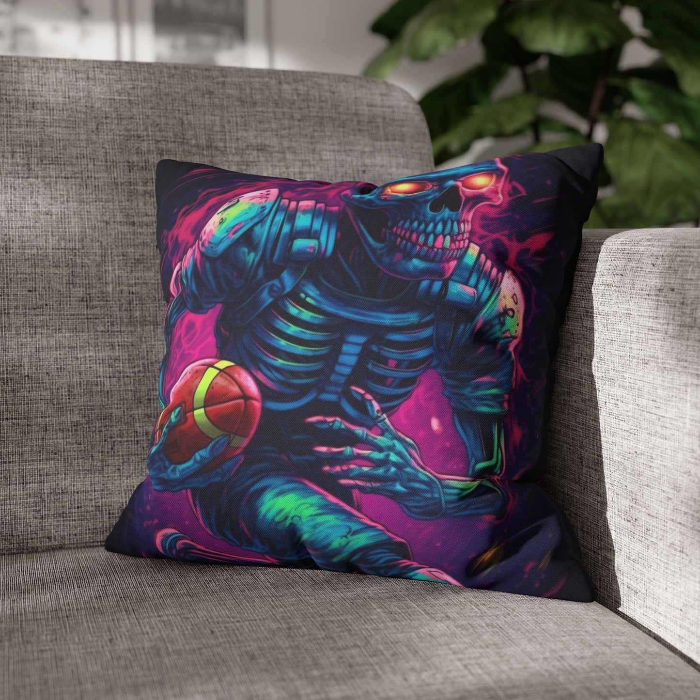 Spooky Football Game: Fantasy Skeleton Athlete Running with Ball, Sporty Halloween - Spun Polyester Square Pillow Case