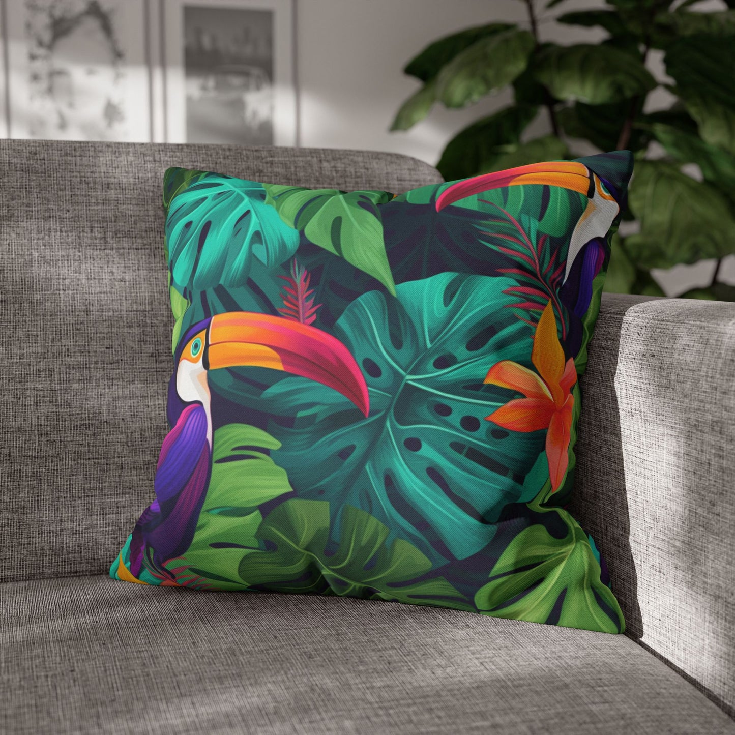 Vivid Tropical Birds & Leaves - Seamless Pattern Spun Polyester Square Pillow Case