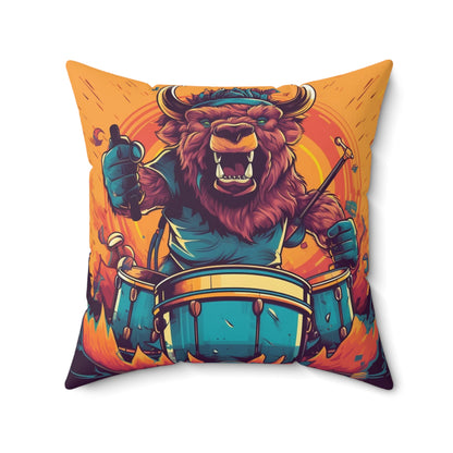 American Bison Drum Player Musician Graphic Spun Polyester Square Pillow