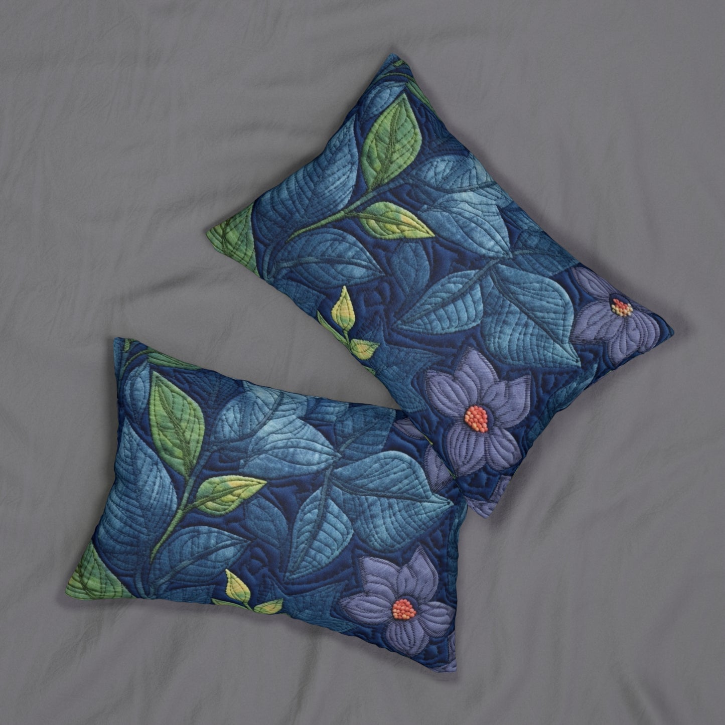 Floral Embroidery Blue: Denim-Inspired, Artisan-Crafted Flower Design - Spun Polyester Lumbar Pillow