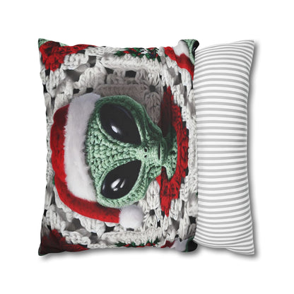 Santa's Cosmic Secret: Jolly Green Christmas Extraterrestrial with Festive Attire Crochet Art - Spun Polyester Square Pillow Case