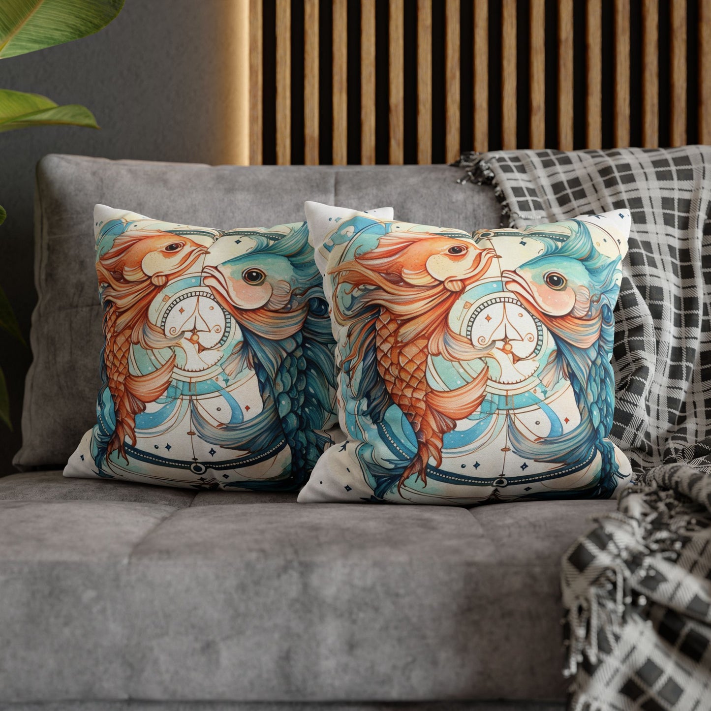 Pisces Zodiac Horoscope - Starry Watercolor & Ink, Hyper-Detailed Fish Spun Polyester Square Pillow Case