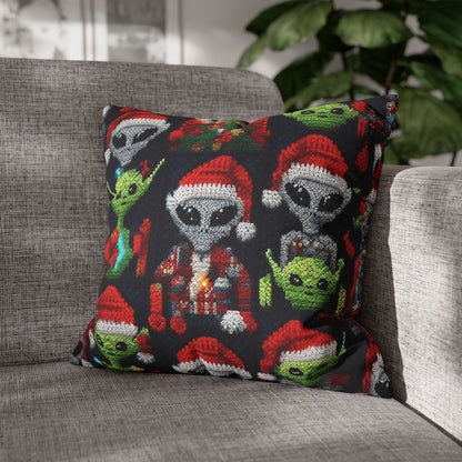 Festive Alien Invasion: Intergalactic Christmas Holiday Cheer with Santa Hats and Seasonal Gifts Crochet Pattern - Spun Polyester Square Pillow Case