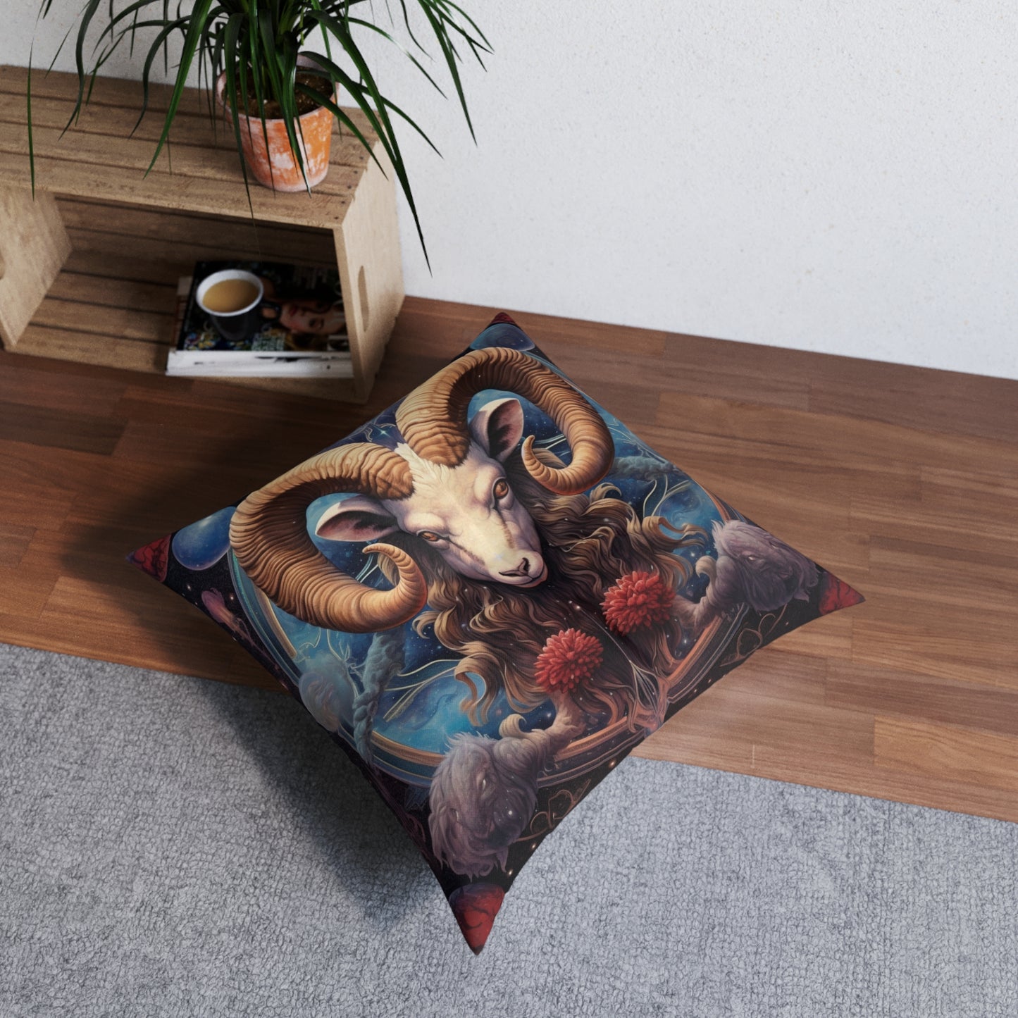 Aries Zodiac Ram - Vibrant Astrological Sign Cosmic Space Symbol - Tufted Floor Pillow, Square