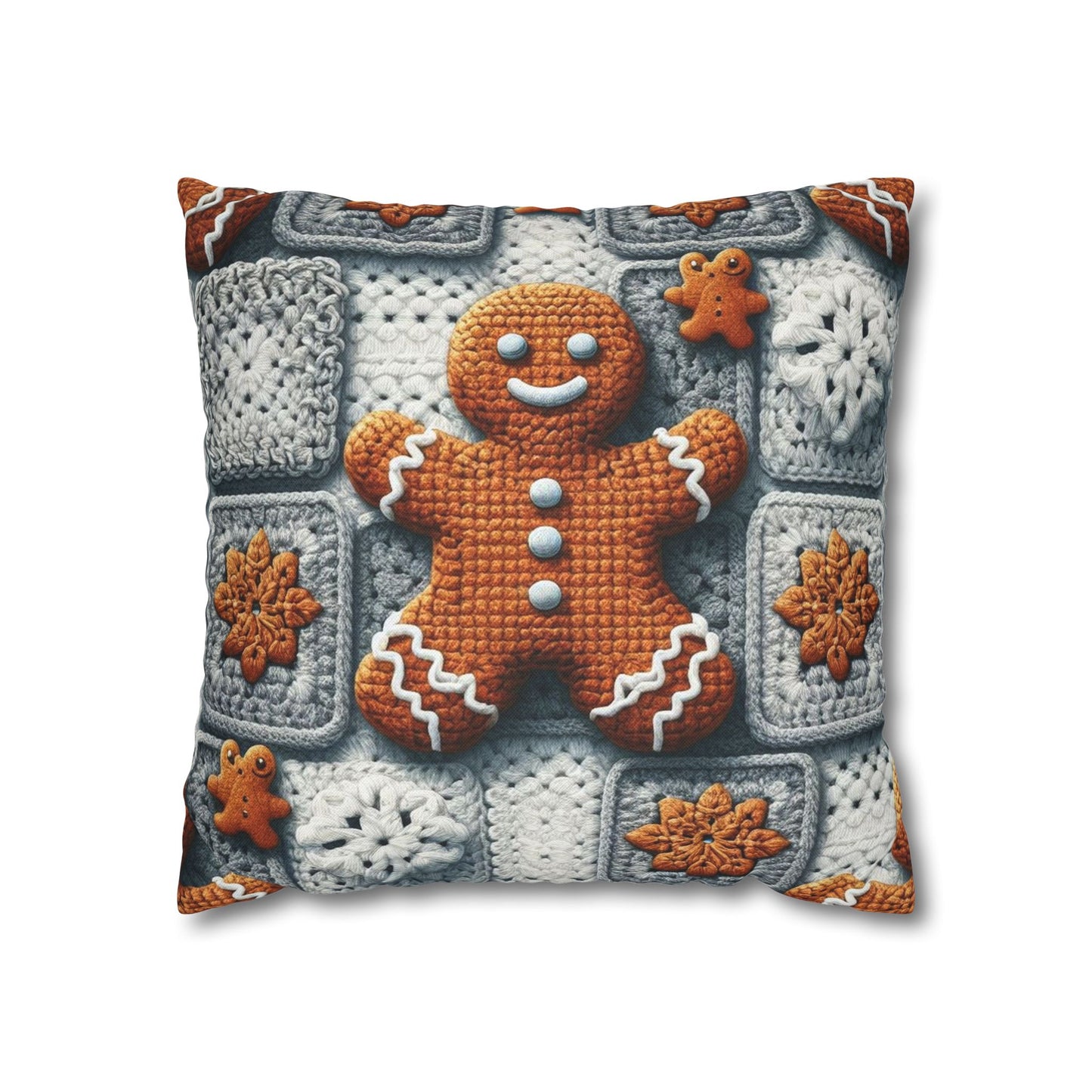 Festive Gingerbread Charm: Christmas Crochet Amigurumi with Granny Squares and Snowflake Accents - Spun Polyester Square Pillow Case