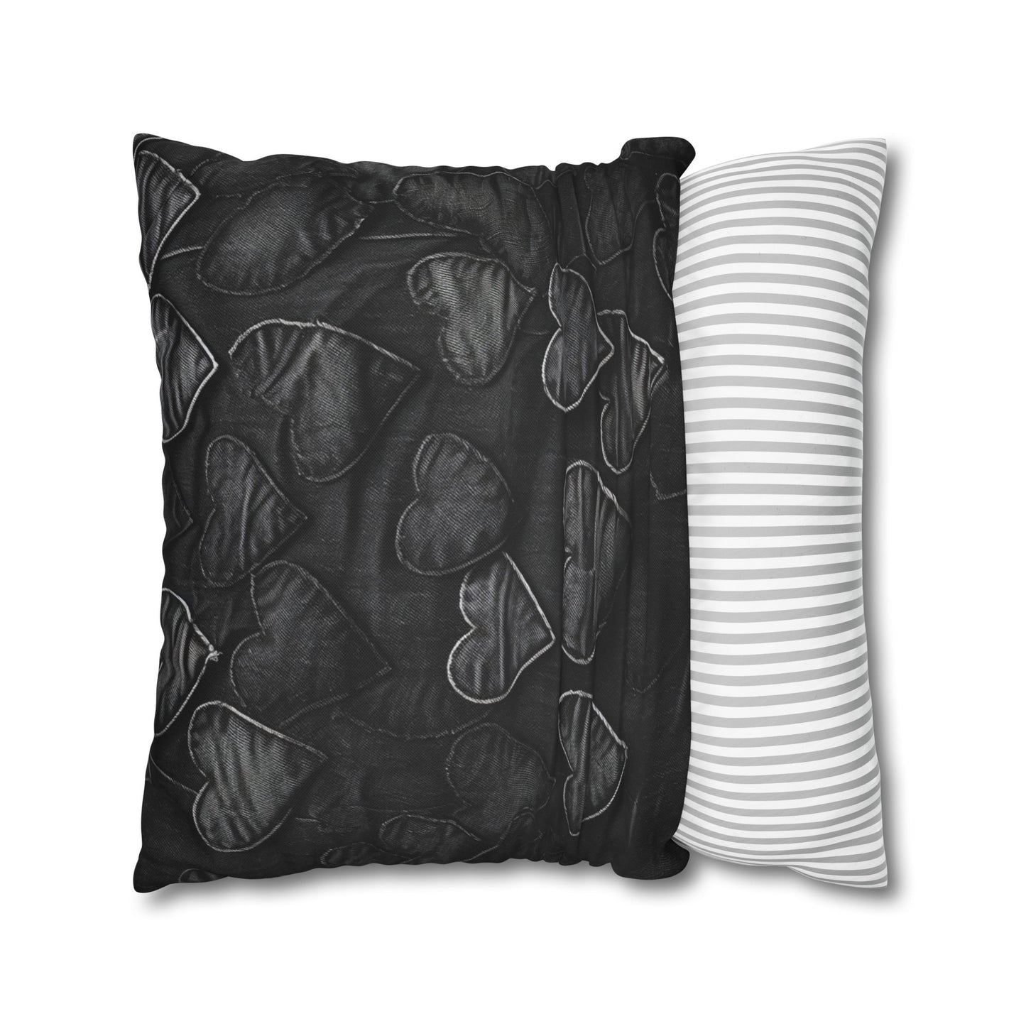 Black: Distressed Denim-Inspired Fabric Heart Embroidery Design - Spun Polyester Square Pillow Case