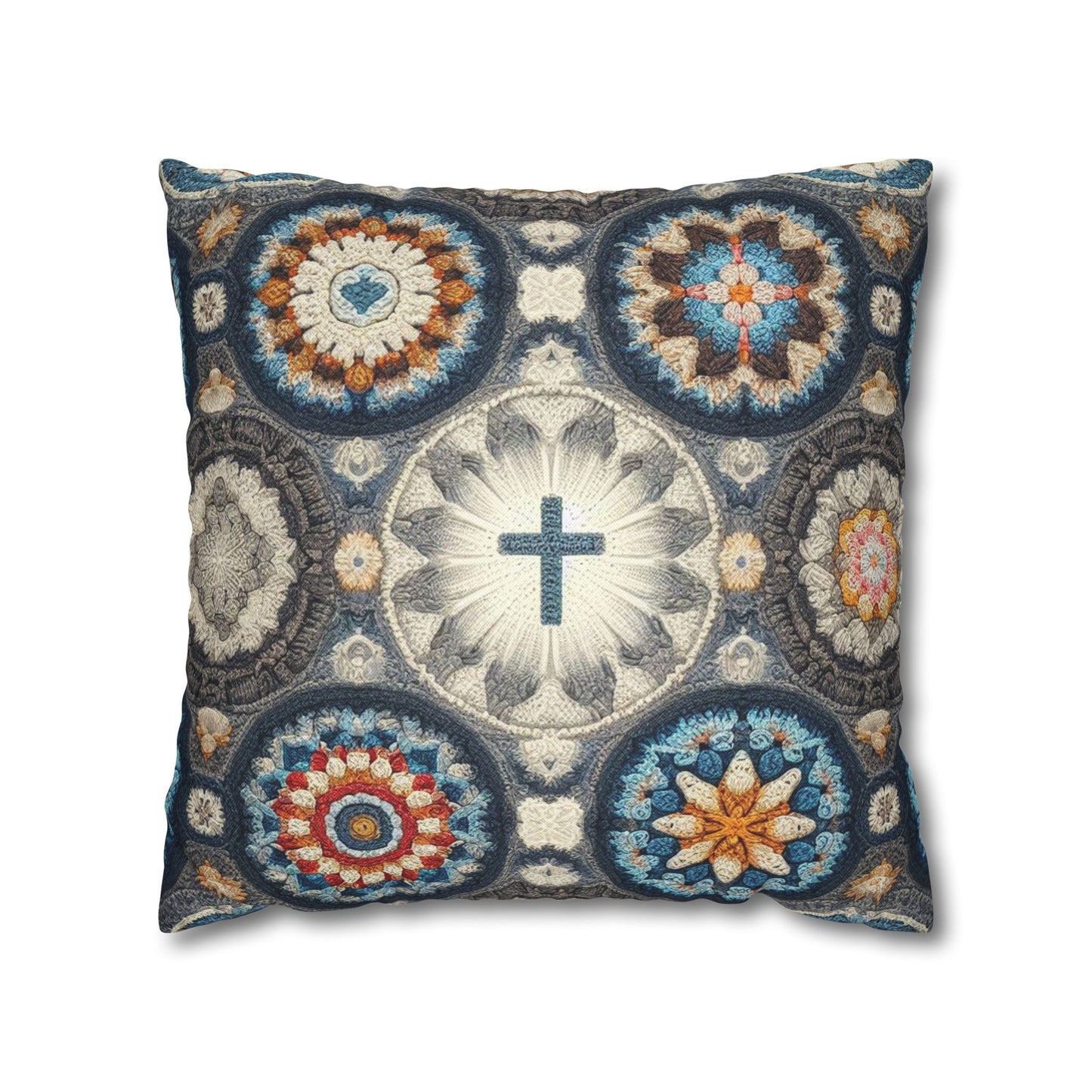 Bohemian Crochet Mandala with Centered Christian Cross - Earthy Tones Mosaic - Spun Polyester Square Pillow Case