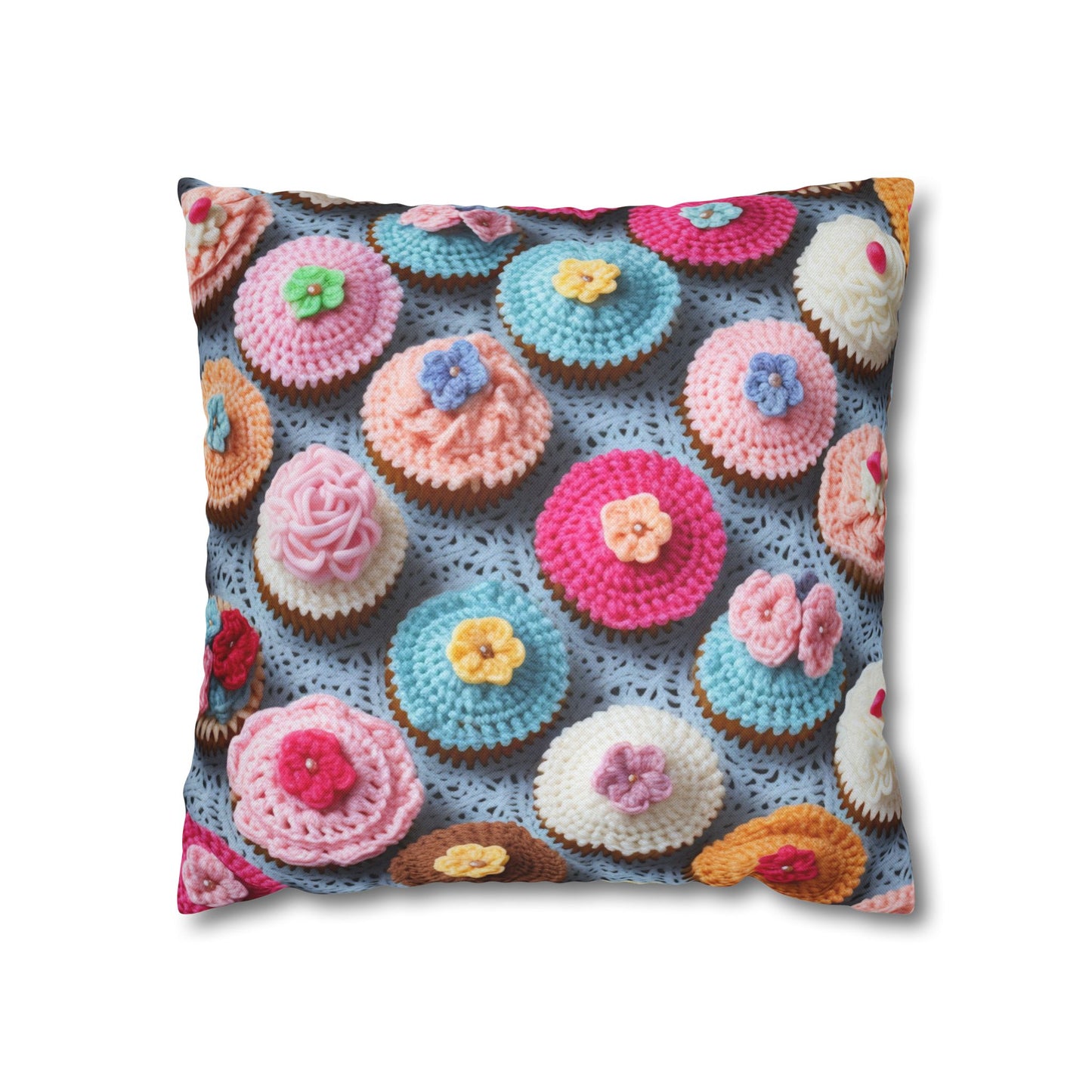 Crochet Cupcake Treat Frosted Cake Dessert Bakery Design - Spun Polyester Square Pillow Case