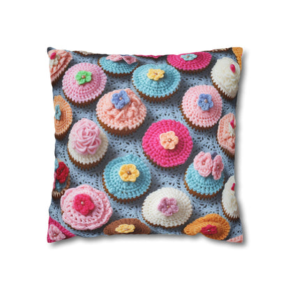 Crochet Cupcake Treat Frosted Cake Dessert Bakery Design - Spun Polyester Square Pillow Case