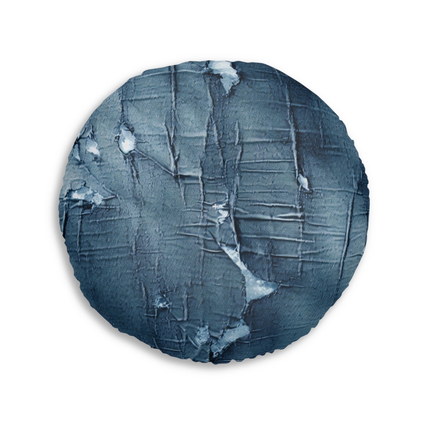 Distressed Blue Denim-Look: Edgy, Torn Fabric Design - Tufted Floor Pillow, Round