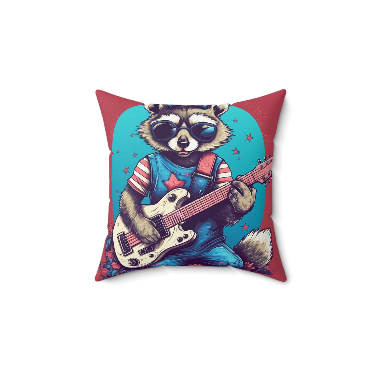 Patriotic Rock 'n' Roll Raccoon: Furry Guitar Player Spun Polyester Square Pillow