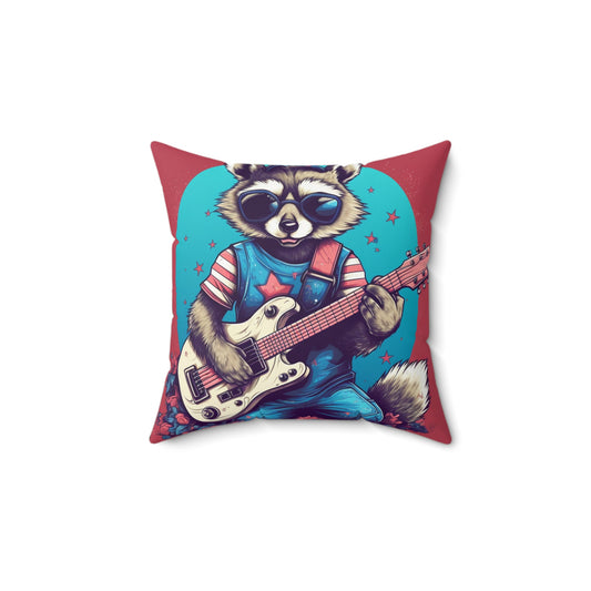 Patriotic Rock 'n' Roll Raccoon: Furry Guitar Player Spun Polyester Square Pillow