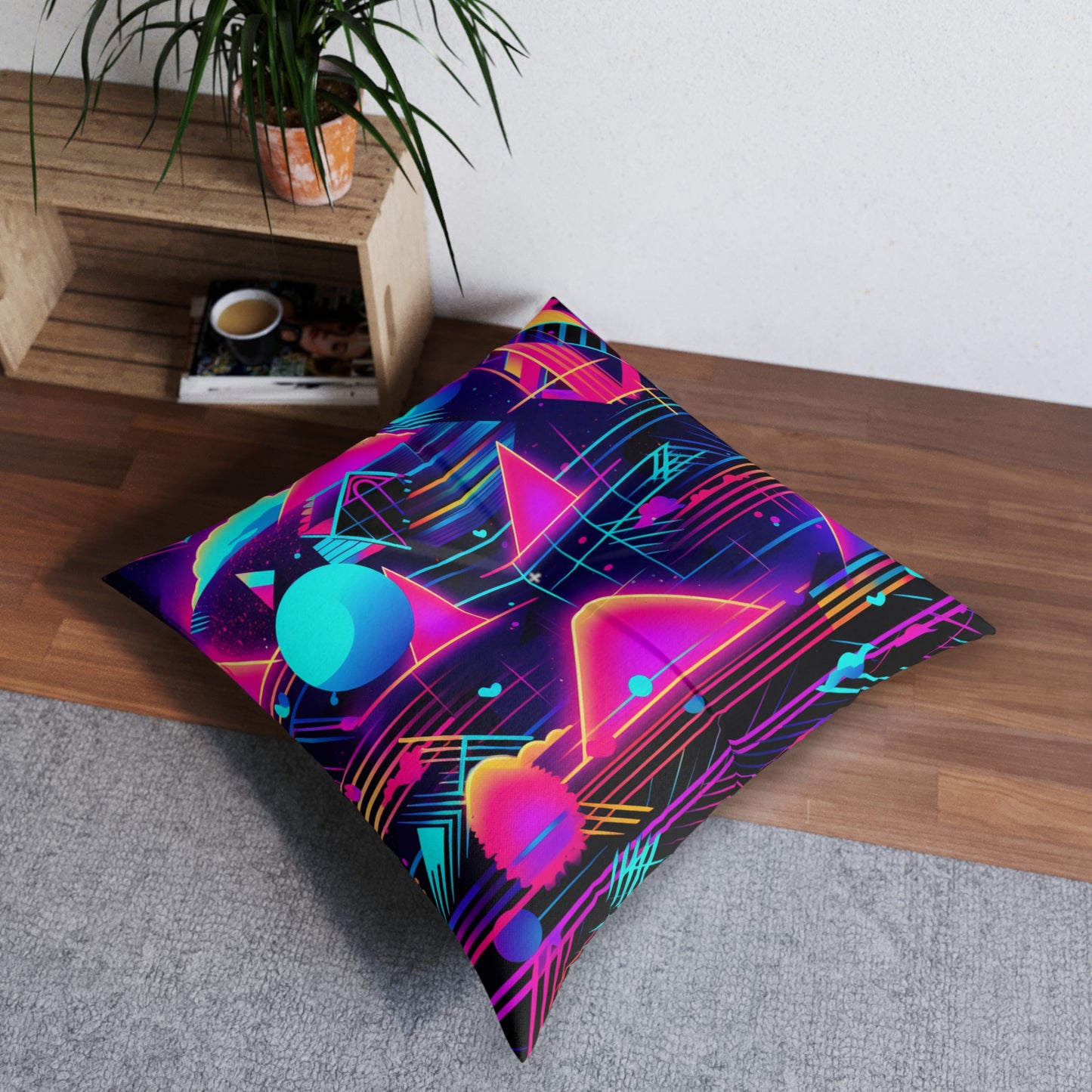 80s Synthwave Retro-Futuristic Inspired Pattern Design Tufted Floor Pillow, Square