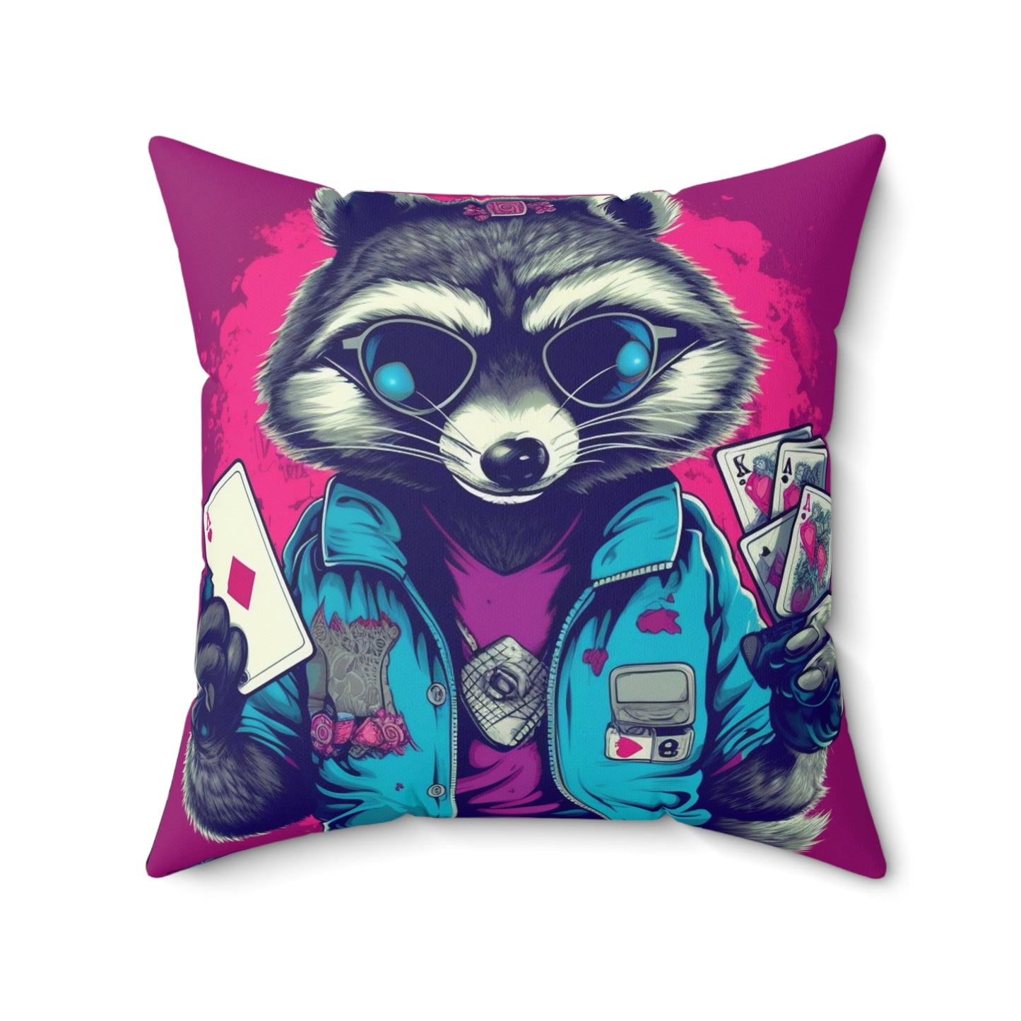 Raccoon Poker Card Player Furry Champion Spun Polyester Square Pillow