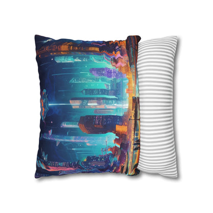 Futuristic Neon Cyberpunk Cityscape Art Design Spun Polyester Square Pillow Case