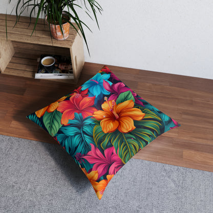 Hawaiian-Inspired Tropical Floral Pattern Design Tufted Floor Pillow, Square