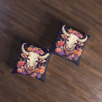 Taurus Zodiac Bull Flower Accents - Astrology Sign - Tufted Floor Pillow, Square