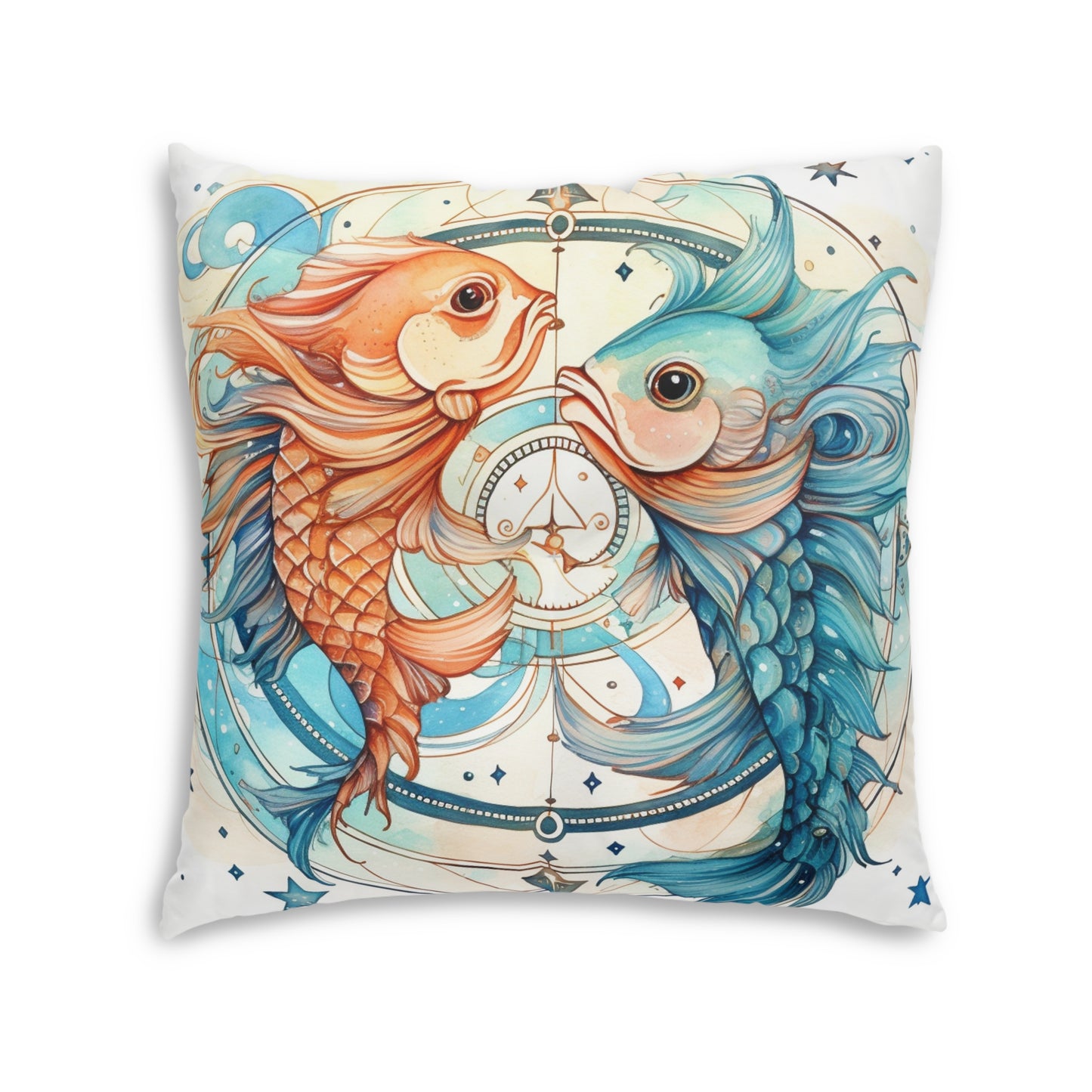 Pisces Zodiac Horoscope - Starry Watercolor & Ink, Hyper-Detailed Fish Tufted Floor Pillow, Square