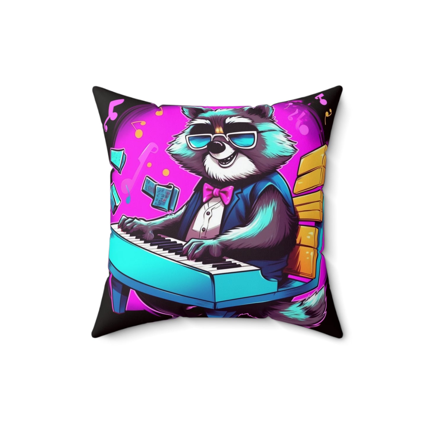 Piano Raccoon Furry Animal Keyboard Artist Musician Graphic Spun Polyester Square Pillow