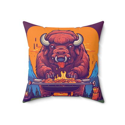 American Bison Grill Cook Food Buffalo Graphic Spun Polyester Square Pillow