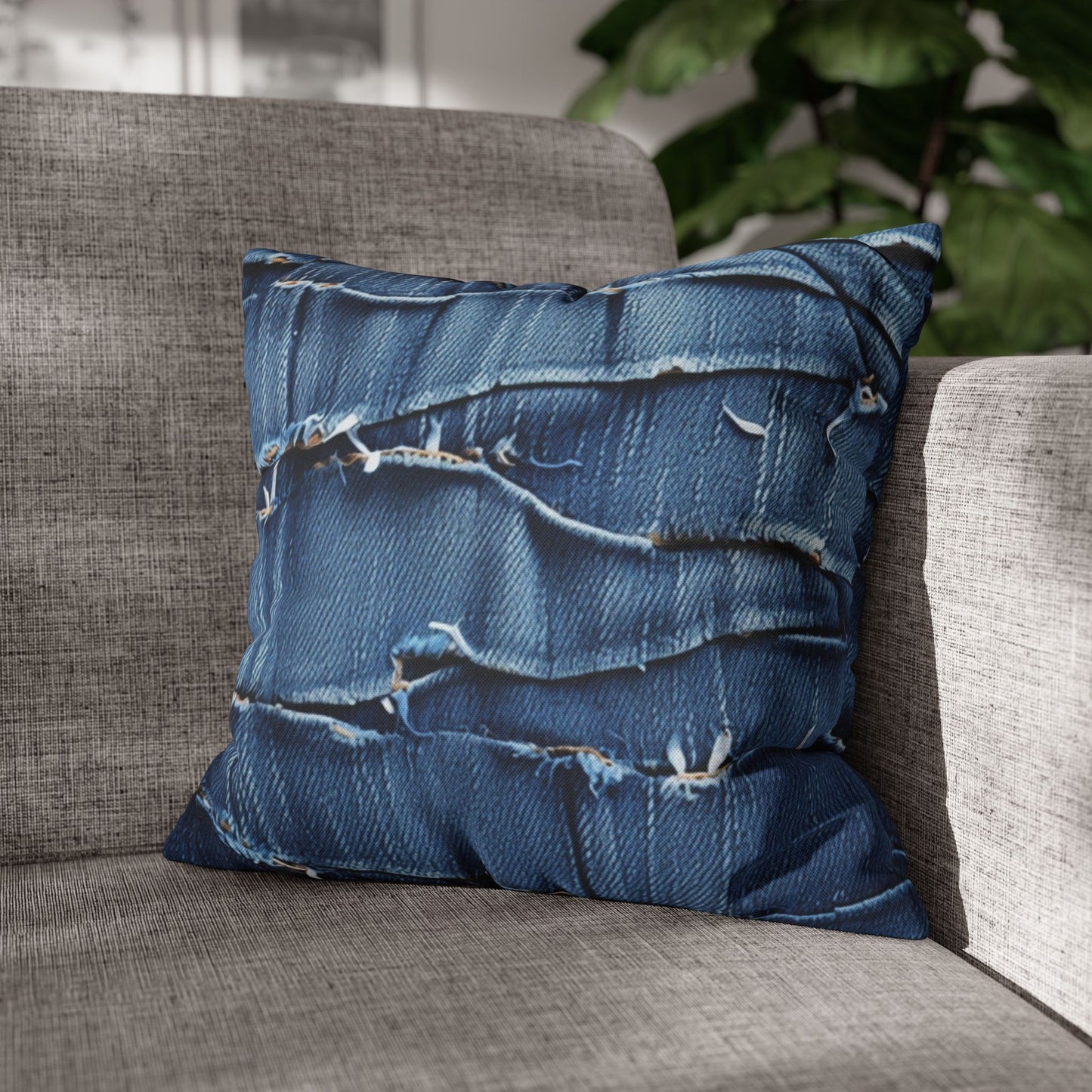 Midnight Blue Distressed Denim: Rugged, Torn & Stylish Design - Spun Polyester Square Pillow Case