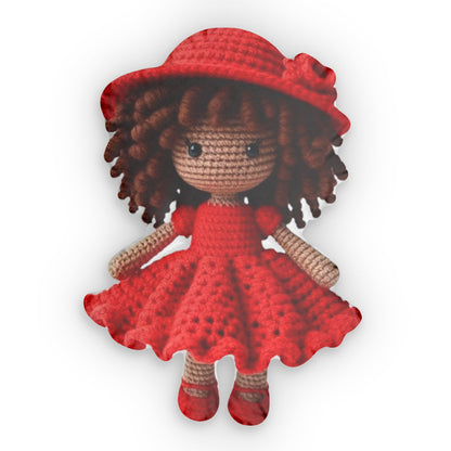 Black Lady Crimson Crochet Doll with Curly Locks - Amigurumi Character in Red Dress, Shaped Pillow