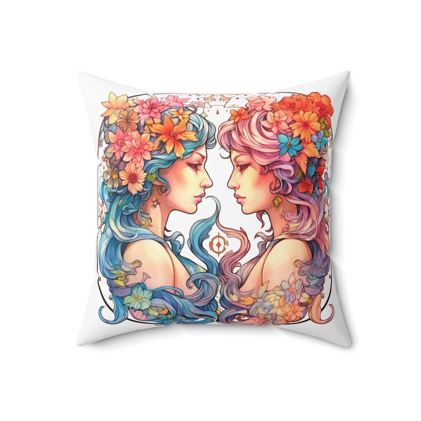 Zodiac Gemini Clipart - Twins Symbol, Whimsical Comic Style - Spun Polyester Square Pillow