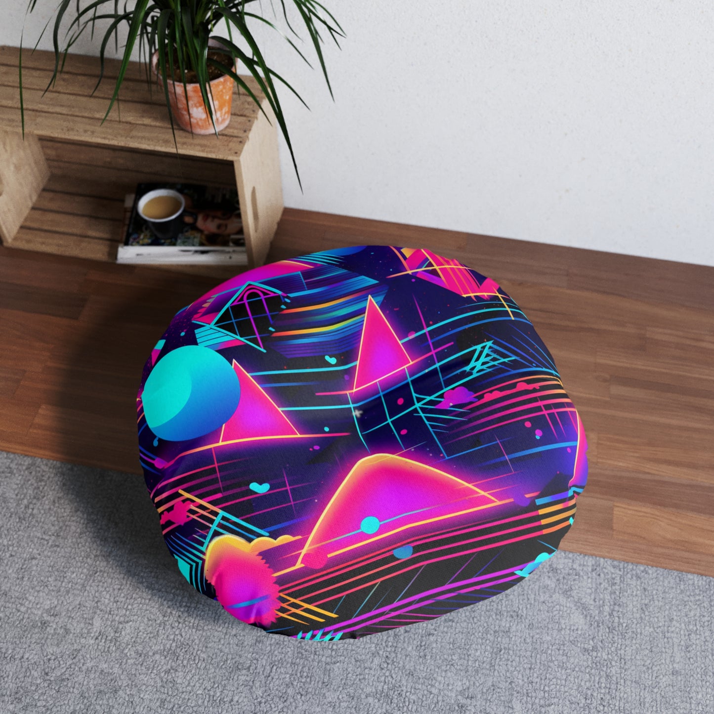 80s Synthwave Retro-Futuristic Inspired Pattern Design Tufted Floor Pillow, Round