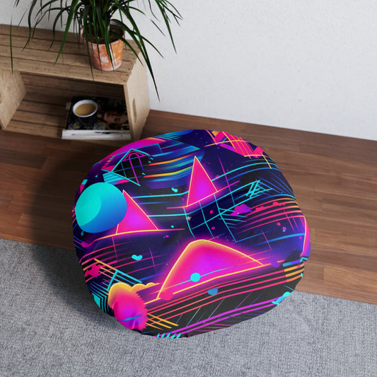 80s Synthwave Retro-Futuristic Inspired Pattern Design Tufted Floor Pillow, Round