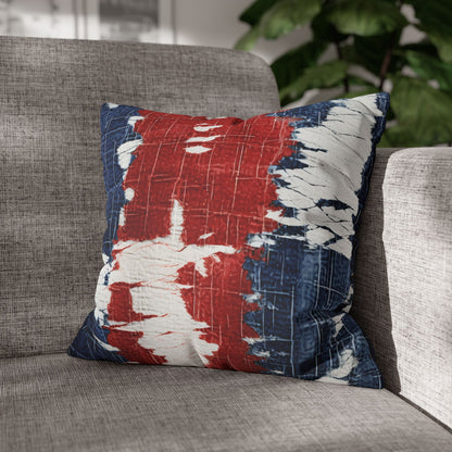 Patriotic Red, White & Blue: Distressed Denim-Style, Torn Fabric - Spun Polyester Square Pillow Case