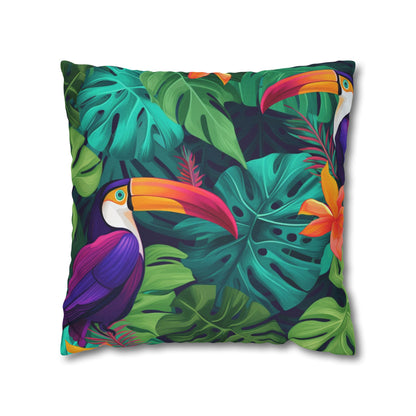 Vivid Tropical Birds & Leaves - Seamless Pattern Spun Polyester Square Pillow Case