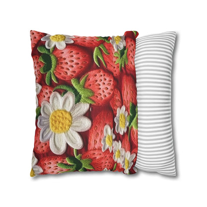 Strawberry Strawberries Embroidery Design - Fresh Pick Red Berry Sweet Fruit - Spun Polyester Square Pillow Case