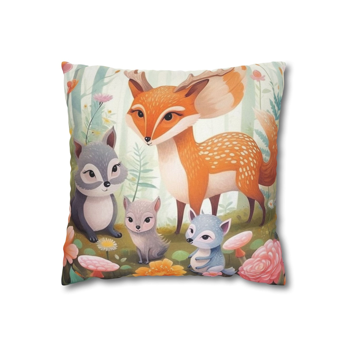 Cute Woodland Creatures Whimsical Animal Art Spun Polyester Square Pillow Case