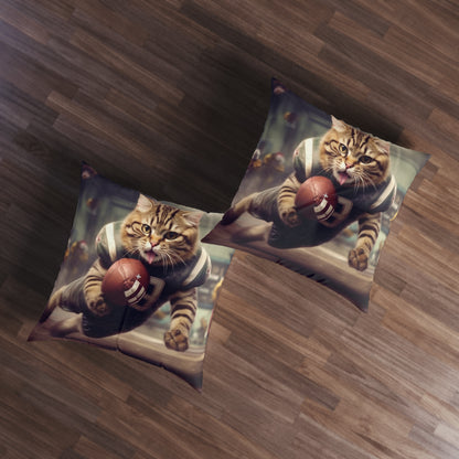 Football Field Felines: Kitty Cats in Sport Tackling Scoring Game Position - Tufted Floor Pillow, Square