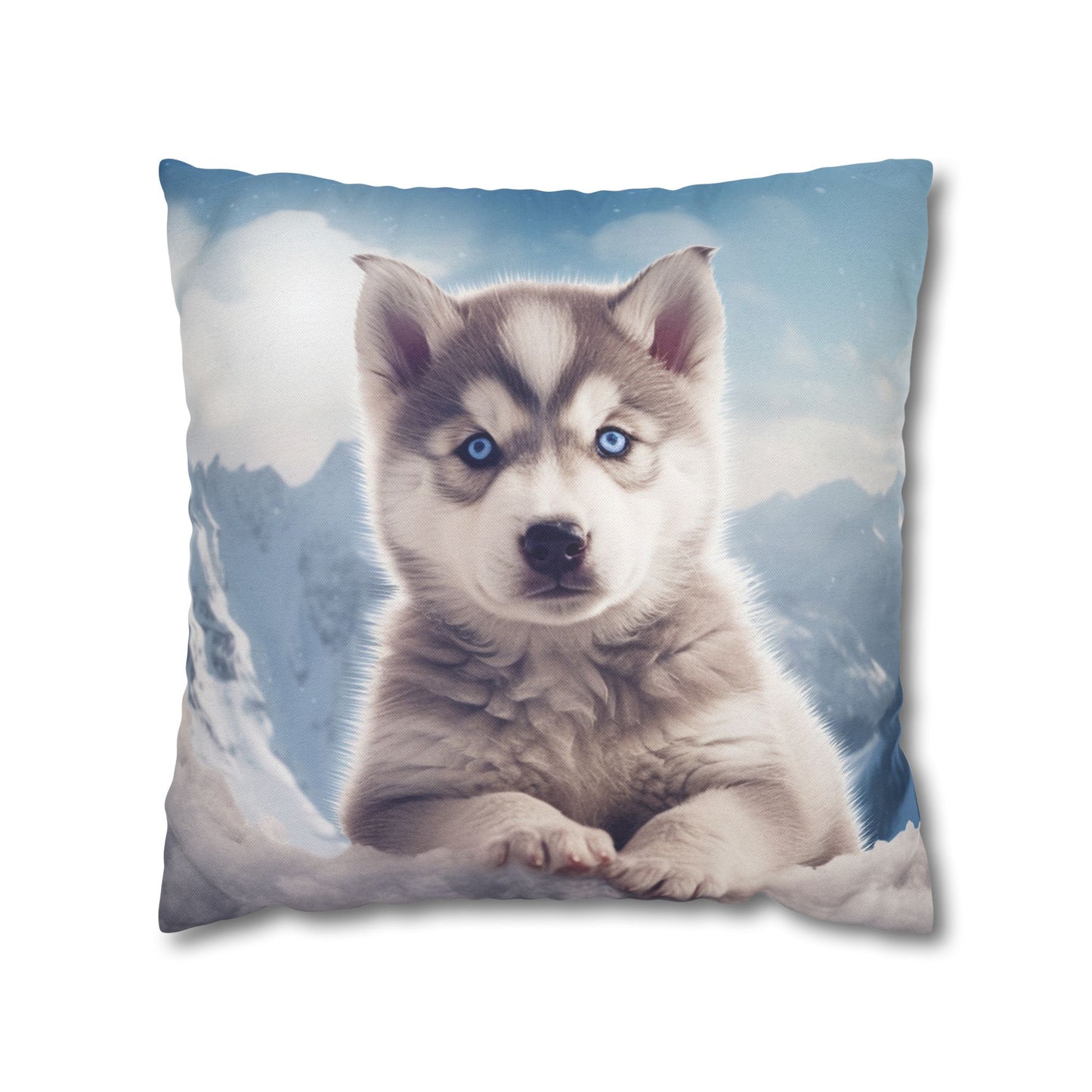 Husky Puppy Winter Wonder - Snowy Mountain Backdrop Spun Polyester Square Pillow Case